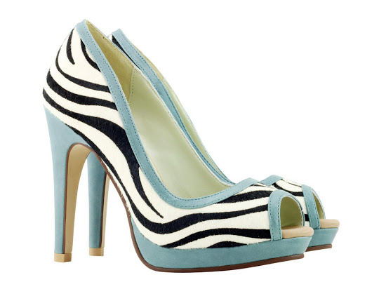 Zebra and soft teal peep-toe shoes. 