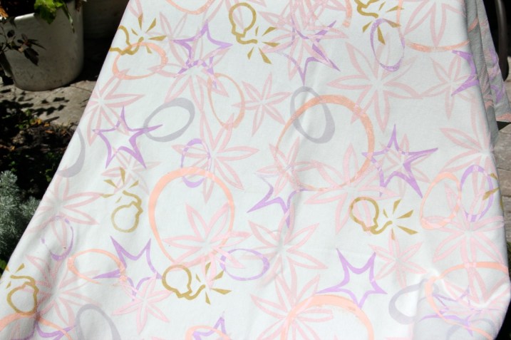 The finished fabric, after layers 4 & 5 (gold bombs and purplish-grey circles).