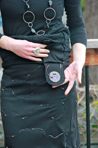 The innards of the skirt: LED lights, Lilypad Arduino microcontroller