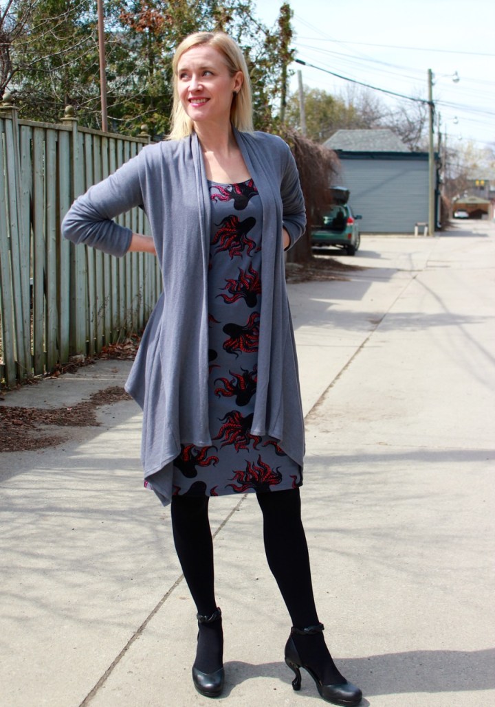 Frivolous at Last - McCall's 6886 octopus dress & Style Arc Nina Cardigan