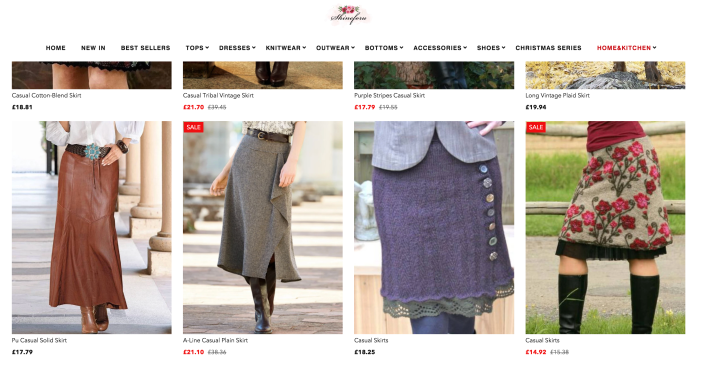 A screen shot from a website called Shineforu showing Lori's own skirt for sale among other skirts