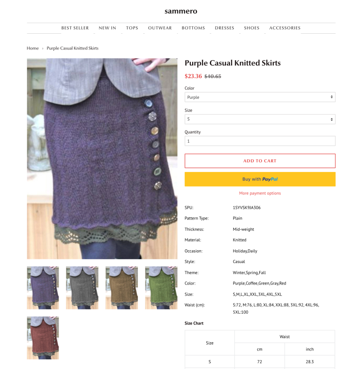 A screen shot of Lori's skirt for sale for $23.36, this time on a website called Sammero, also with 4 photoshopped colour options